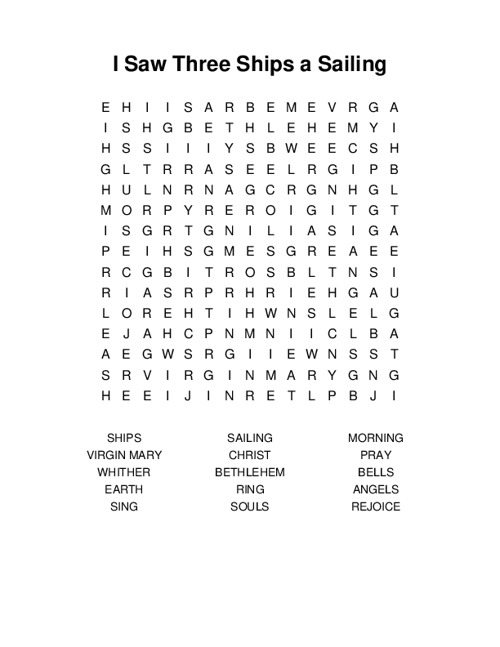 I Saw Three Ships a Sailing Word Search Puzzle