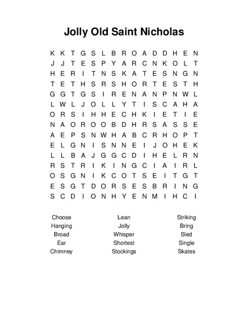 Jolly Old Saint Nicholas Word Search Puzzle