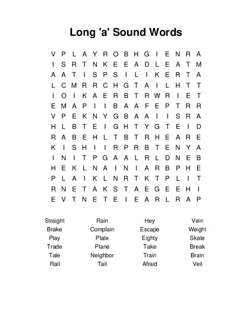 Long a Sound Words Word Search Puzzle