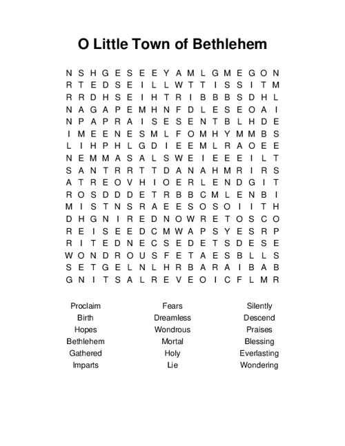 O Little Town of Bethlehem Word Search Puzzle