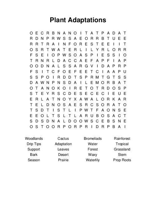 Plant Adaptations Word Search Puzzle