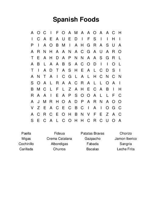 Spanish Foods Word Search Puzzle