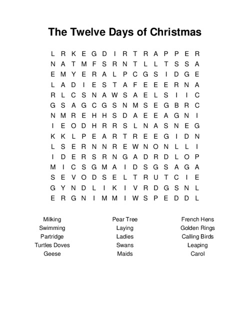 The Twelve Days of Christmas Word Search Puzzle