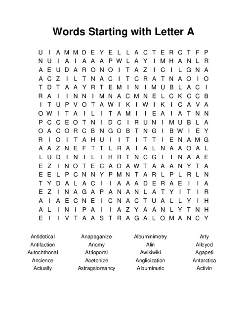Words Starting with Letter A Word Search Puzzle