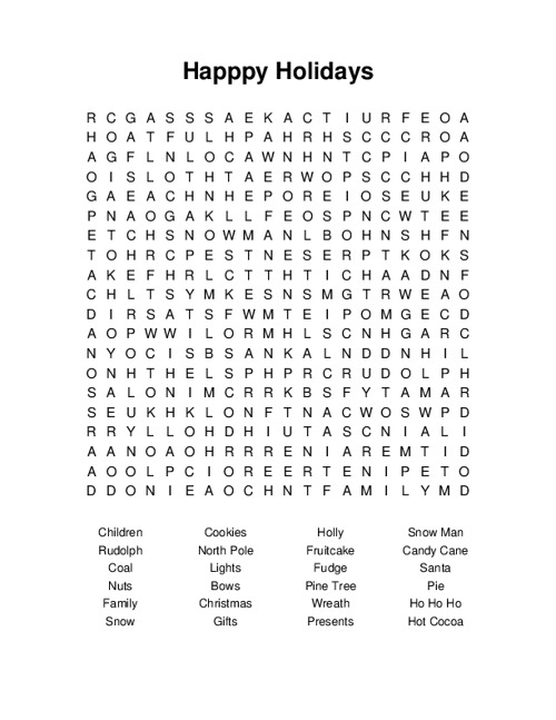 Happpy Holidays Word Search Puzzle