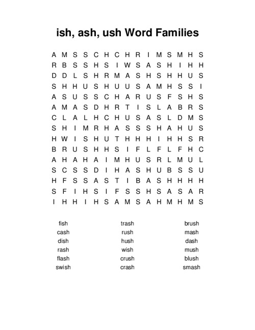 ish, ash, ush Word Families Word Search Puzzle