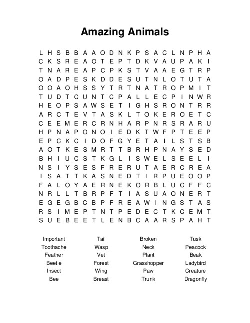 Amazing Animals Word Search Puzzle