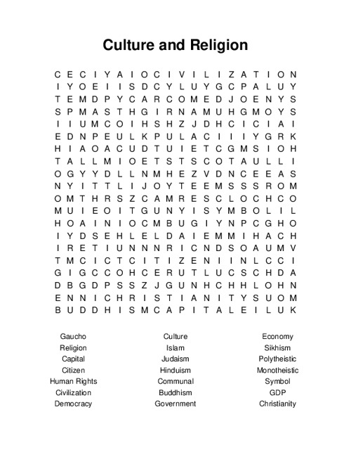 Culture and Religion Word Search Puzzle