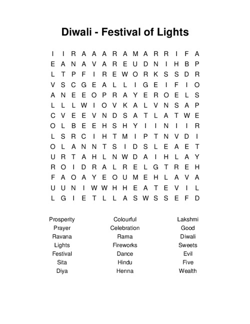 Diwali - Festival of Lights Word Search Puzzle