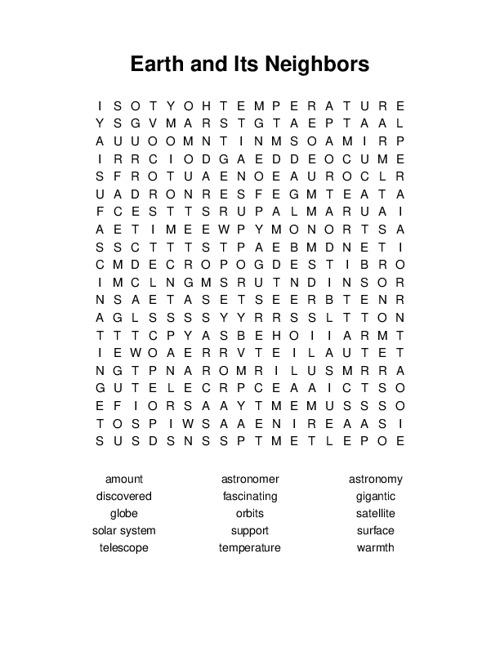 Earth and Its Neighbors Word Search Puzzle