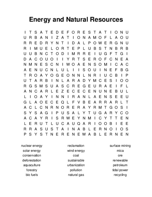 Energy and Natural Resources Word Search Puzzle
