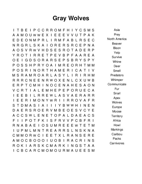 Gray Wolves Word Search Puzzle