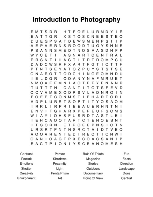 Introduction to Photography Word Search Puzzle