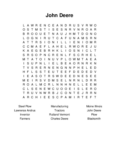 John Deere Word Search Puzzle