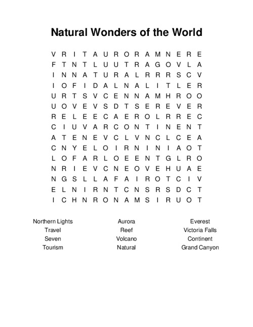 Natural Wonders of the World Word Search Puzzle