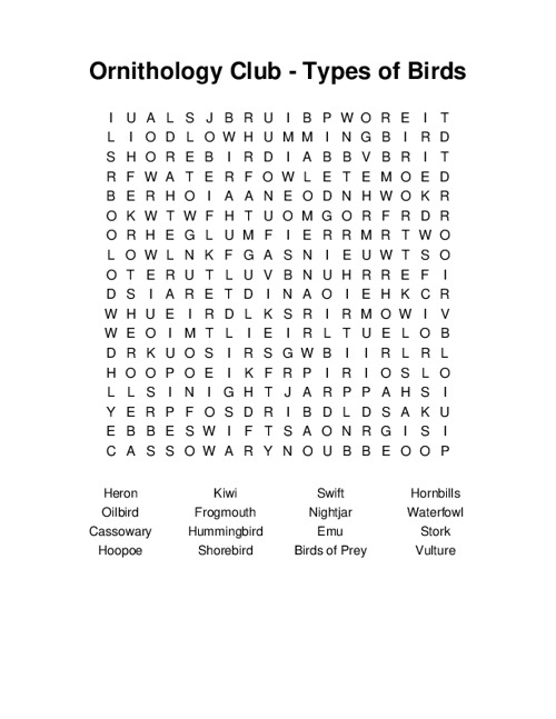Ornithology Club - Types of Birds Word Search Puzzle