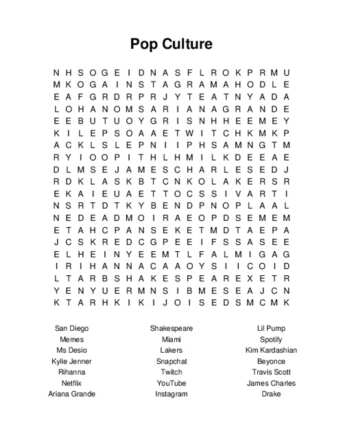 Pop Culture Word Search Puzzle