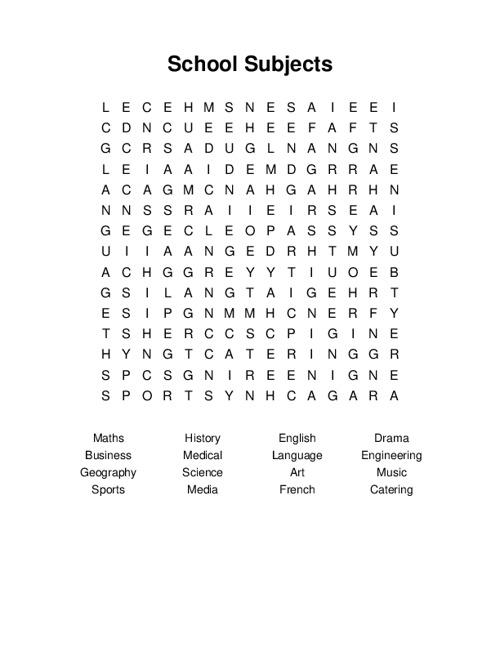 School Subjects Word Search Puzzle