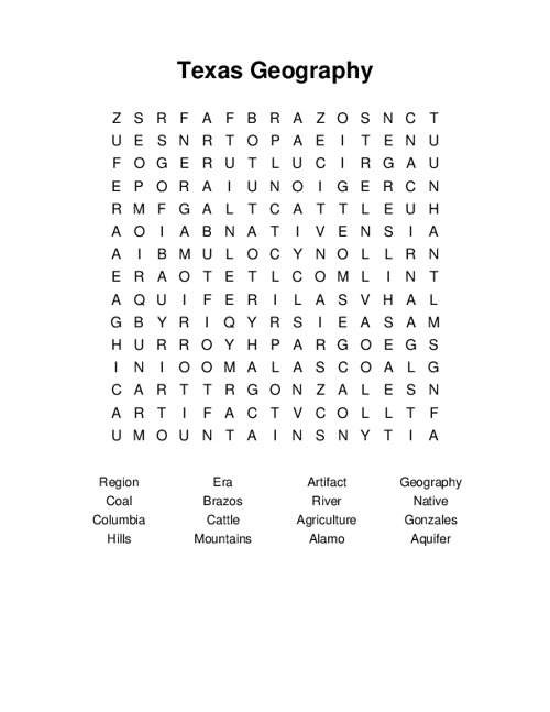 Texas Geography Word Search Puzzle