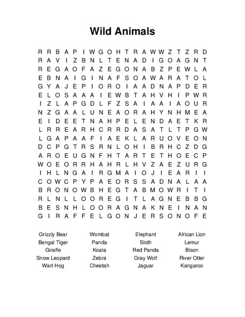 Wild Animals Word Search Puzzle