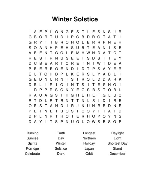 Winter Solstice Word Search Puzzle