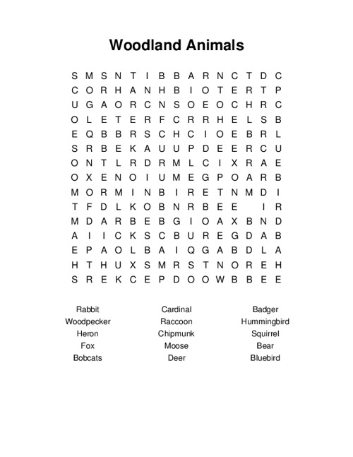 Woodland Animals Word Search Puzzle