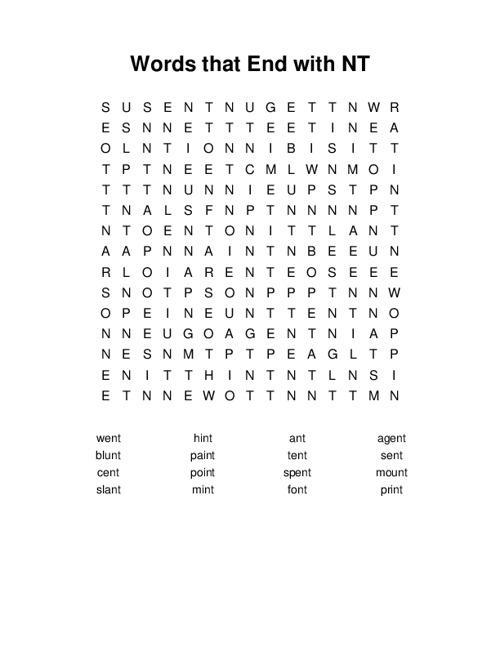 Words that End with NT Word Search Puzzle
