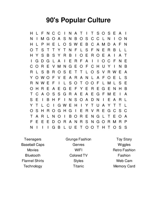 90s Popular Culture Word Search Puzzle