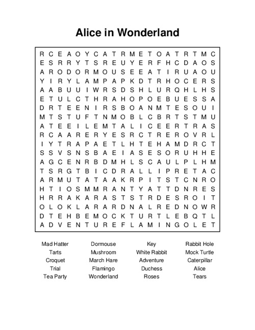 Alice in Wonderland Word Search Puzzle