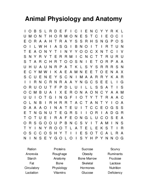 Animal Physiology and Anatomy Word Search Puzzle