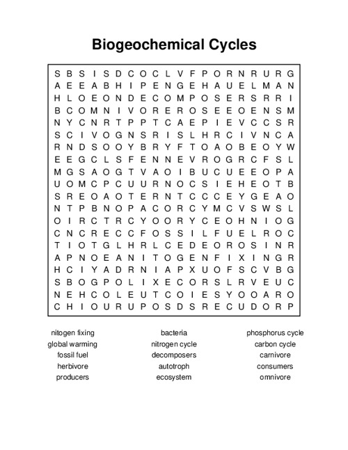 Biogeochemical Cycles Word Search Puzzle