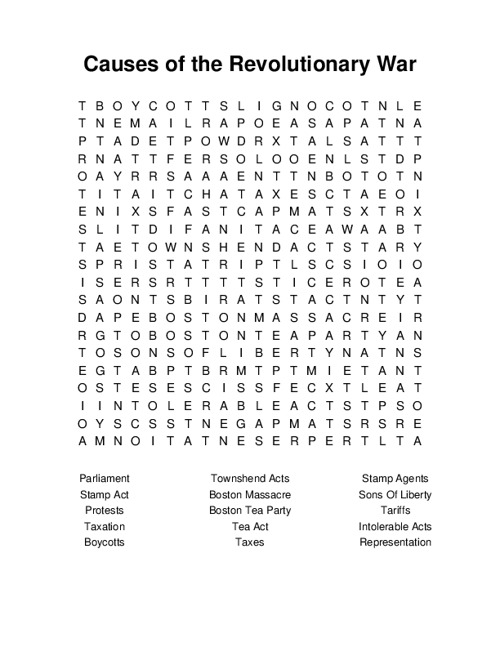 Causes of the Revolutionary War Word Search Puzzle
