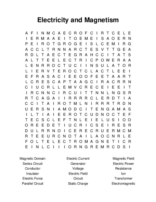 Electricity and Magnetism Word Search Puzzle