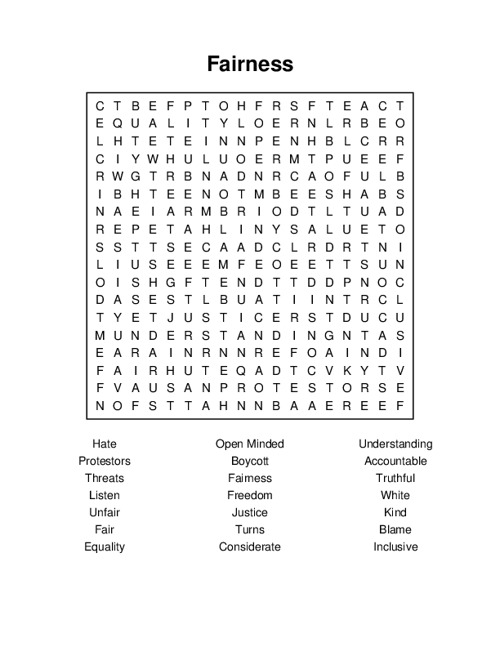 Fairness Word Search Puzzle
