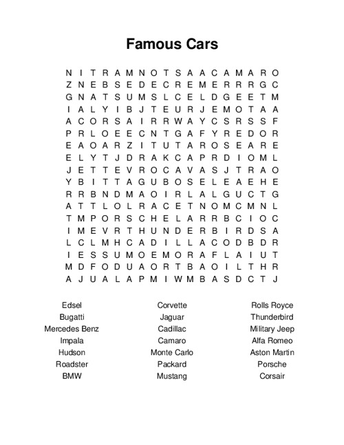 Famous Cars Word Search Puzzle