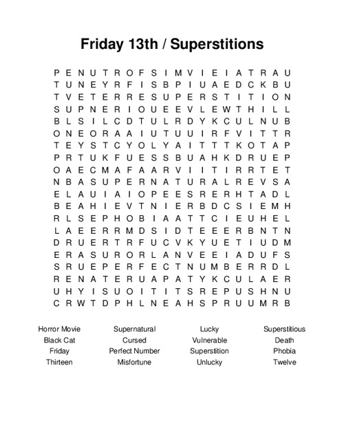 Friday 13th / Superstitions Word Search Puzzle