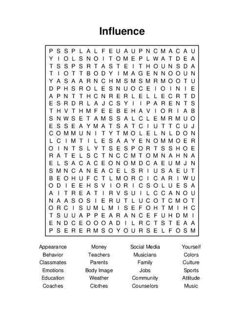 Influence Word Search Puzzle