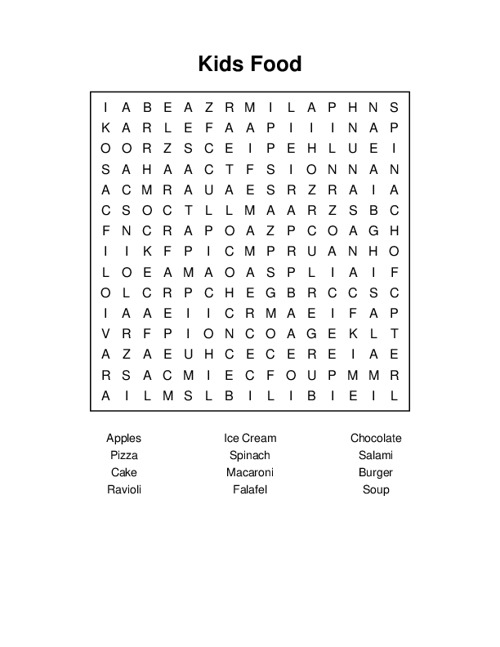 Kids Food Word Search Puzzle