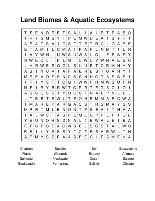Land Biomes & Aquatic Ecosystems Word Search Puzzle
