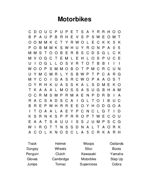 Motorbikes Word Search Puzzle