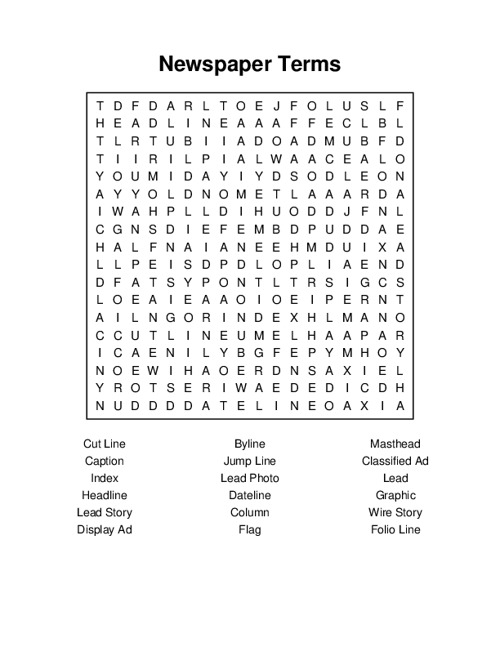 Newspaper Terms Word Search Puzzle