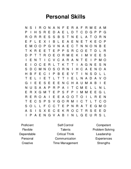 Personal Skills Word Search Puzzle
