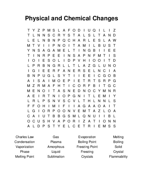Physical and Chemical Changes Word Search Puzzle