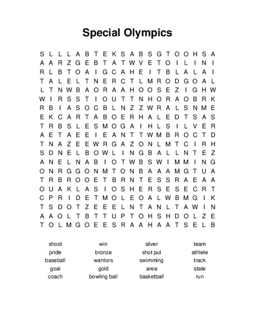 Special Olympics Word Search Puzzle