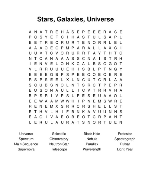 Stars, Galaxies, Universe Word Search Puzzle