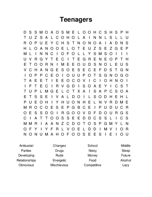 Teenagers Word Search Puzzle