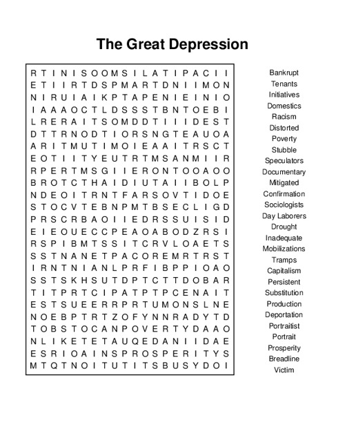 The Great Depression Word Search Puzzle