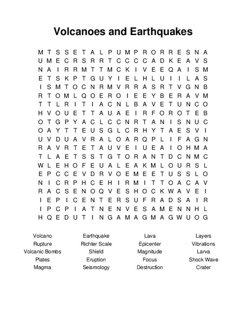 Volcanoes and Earthquakes Word Search Puzzle