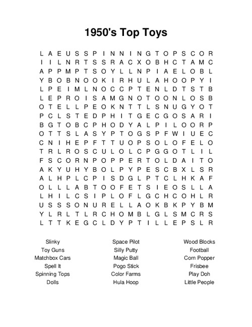 1950s Top Toys Word Search Puzzle