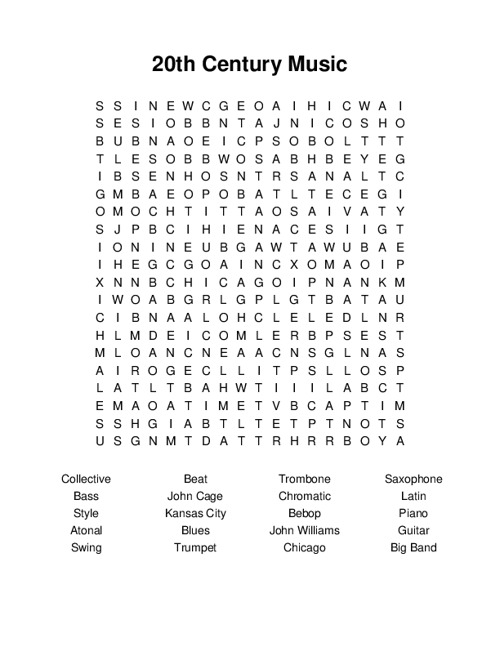 20th Century Music Word Search Puzzle
